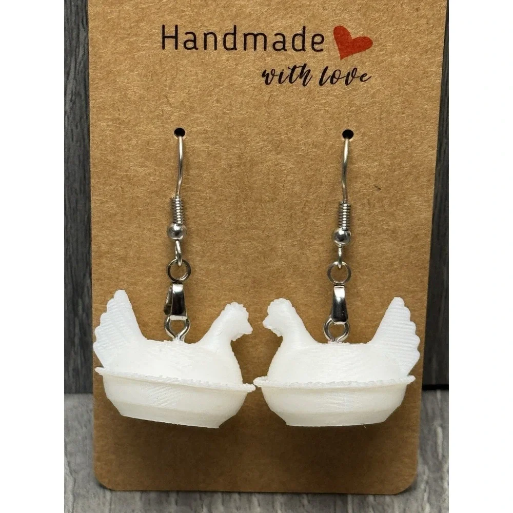 Hen on Nest HON Chicken Earrings‎ Farmhouse Hypoallergenic Milk White Handmade